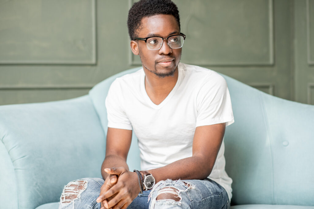 Man's portrait during the psychological session indoors